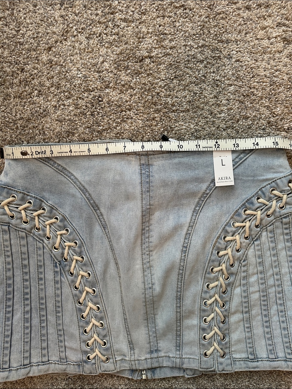 NWT AKIRA Light Wash Denim Mini Skirt Lace Up Sides Zipper Back Detail Size L - Picture 9 of 14